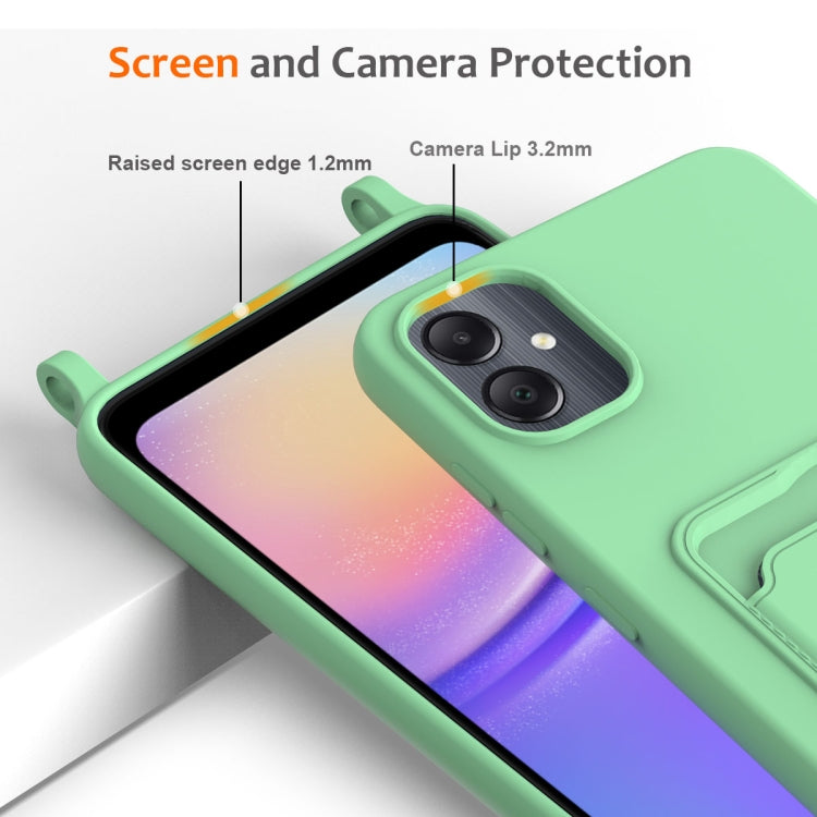 For Samsung Galaxy A05 Integrated Card Bag Solid Color Liquid Silicone Phone Case with Lanyard