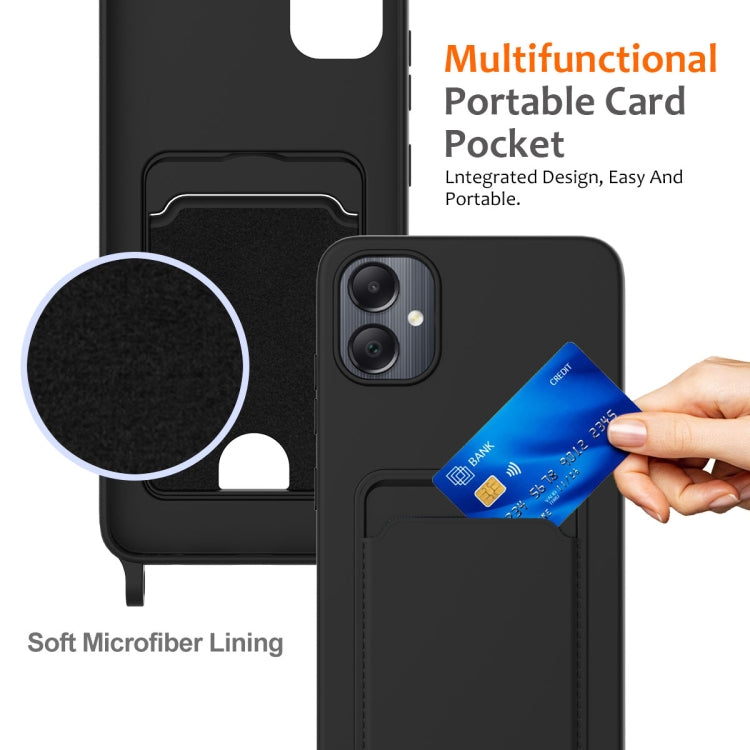 For Samsung Galaxy A05 Integrated Card Bag Solid Color Liquid Silicone Phone Case with Lanyard