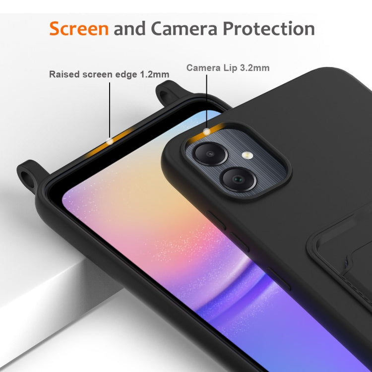 For Samsung Galaxy A05 Integrated Card Bag Solid Color Liquid Silicone Phone Case with Lanyard
