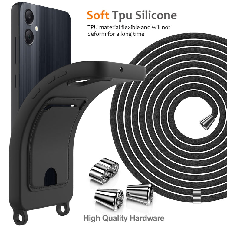 For Samsung Galaxy A05 Integrated Card Bag Solid Color Liquid Silicone Phone Case with Lanyard