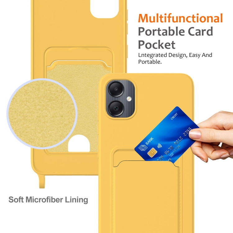 For Samsung Galaxy A05 Integrated Card Bag Solid Color Liquid Silicone Phone Case with Lanyard