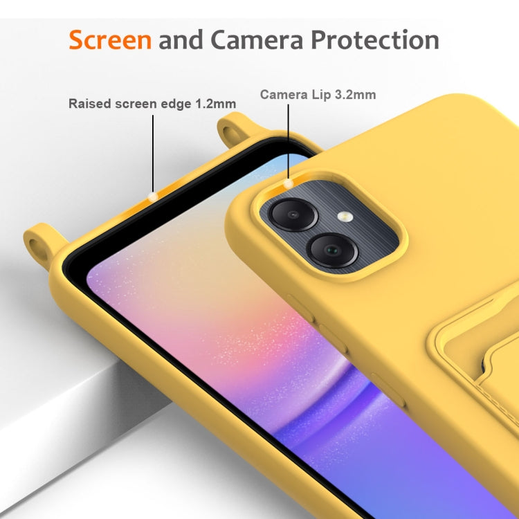 For Samsung Galaxy A05 Integrated Card Bag Solid Color Liquid Silicone Phone Case with Lanyard