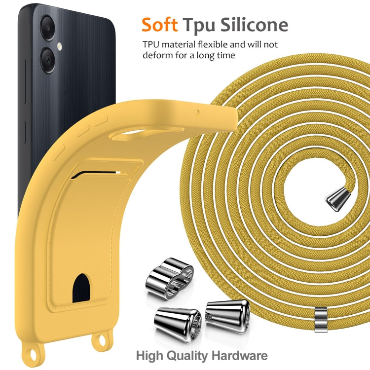 For Samsung Galaxy A05 Integrated Card Bag Solid Color Liquid Silicone Phone Case with Lanyard