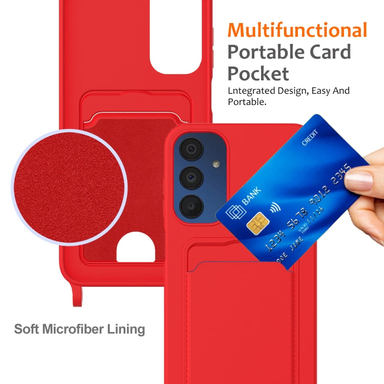 For Samsung Galaxy A05s Integrated Card Bag Solid Color Liquid Silicone Phone Case with Lanyard