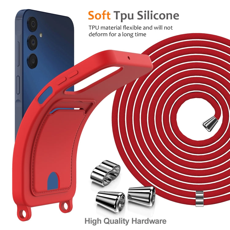 For Samsung Galaxy A05s Integrated Card Bag Solid Color Liquid Silicone Phone Case with Lanyard