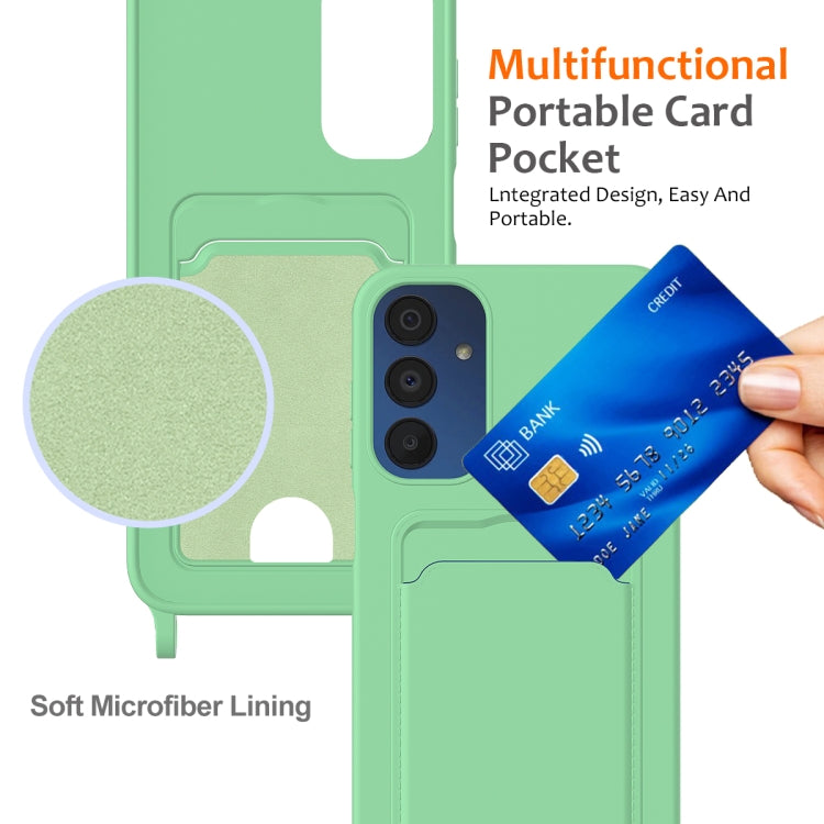 For Samsung Galaxy A05s Integrated Card Bag Solid Color Liquid Silicone Phone Case with Lanyard