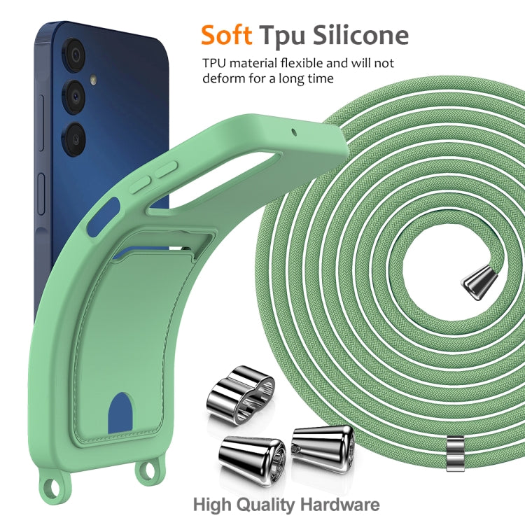 For Samsung Galaxy A05s Integrated Card Bag Solid Color Liquid Silicone Phone Case with Lanyard
