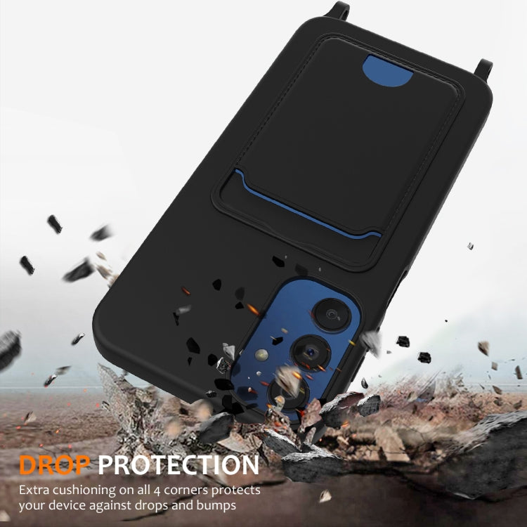 For Samsung Galaxy A05s Integrated Card Bag Solid Color Liquid Silicone Phone Case with Lanyard