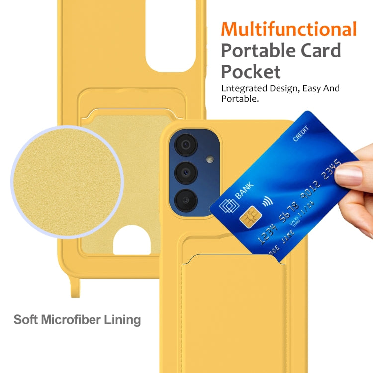 For Samsung Galaxy A05s Integrated Card Bag Solid Color Liquid Silicone Phone Case with Lanyard