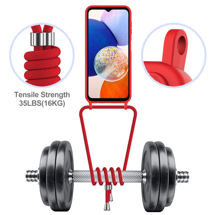 For Samsung Galaxy A14 4G/5G Integrated Card Bag Solid Color Liquid Silicone Phone Case with Lanyard
