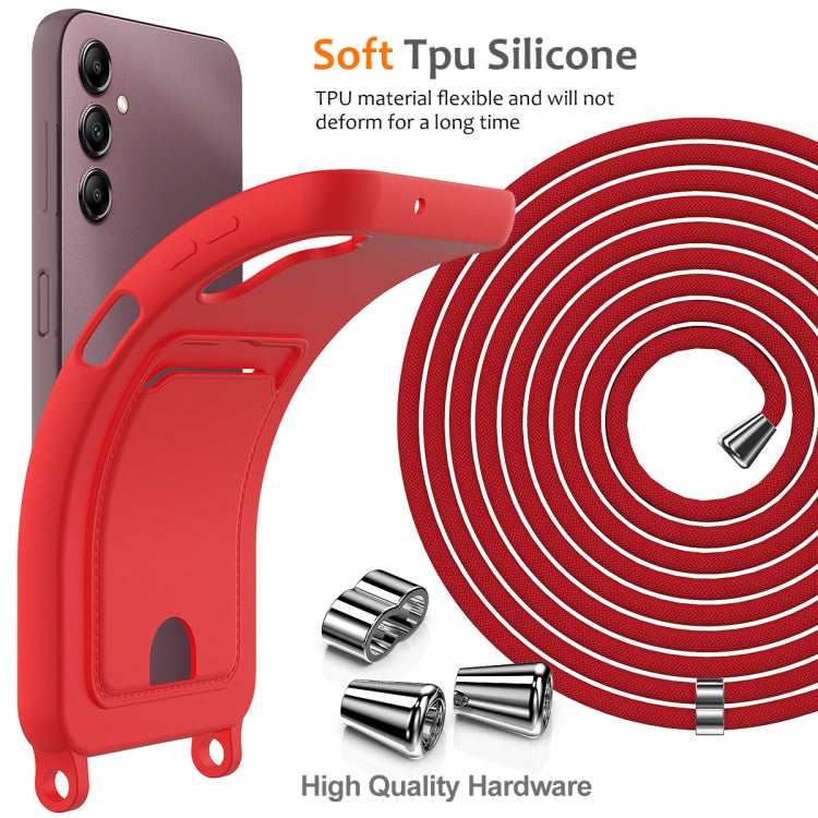 For Samsung Galaxy A14 4G/5G Integrated Card Bag Solid Color Liquid Silicone Phone Case with Lanyard