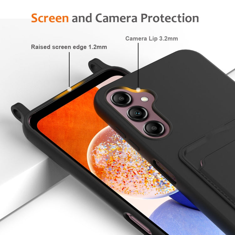For Samsung Galaxy A14 4G/5G Integrated Card Bag Solid Color Liquid Silicone Phone Case with Lanyard