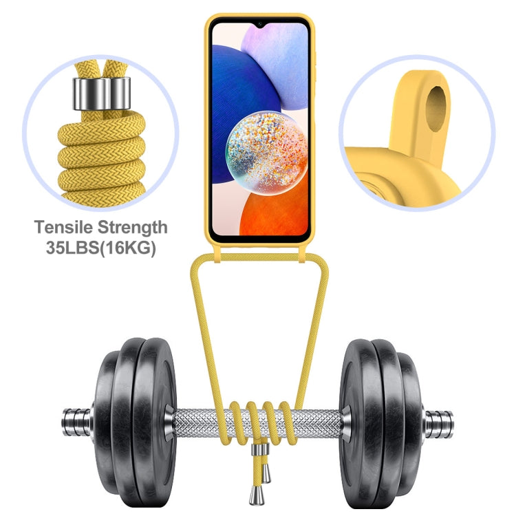 For Samsung Galaxy A14 4G/5G Integrated Card Bag Solid Color Liquid Silicone Phone Case with Lanyard