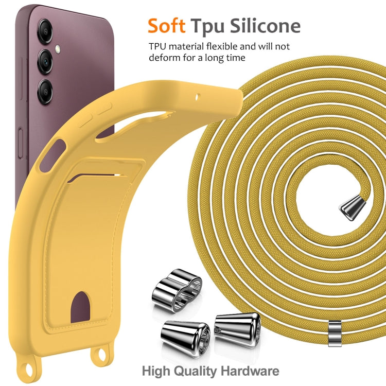 For Samsung Galaxy A14 4G/5G Integrated Card Bag Solid Color Liquid Silicone Phone Case with Lanyard