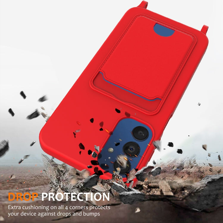 For Samsung Galaxy A24 4G Integrated Card Bag Solid Color Liquid Silicone Phone Case with Lanyard