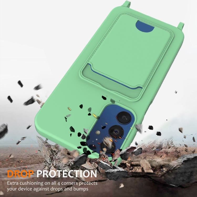 For Samsung Galaxy A24 4G Integrated Card Bag Solid Color Liquid Silicone Phone Case with Lanyard