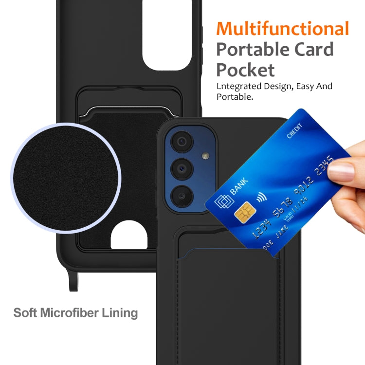 For Samsung Galaxy A24 4G Integrated Card Bag Solid Color Liquid Silicone Phone Case with Lanyard