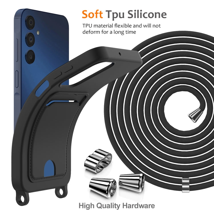 For Samsung Galaxy A24 4G Integrated Card Bag Solid Color Liquid Silicone Phone Case with Lanyard