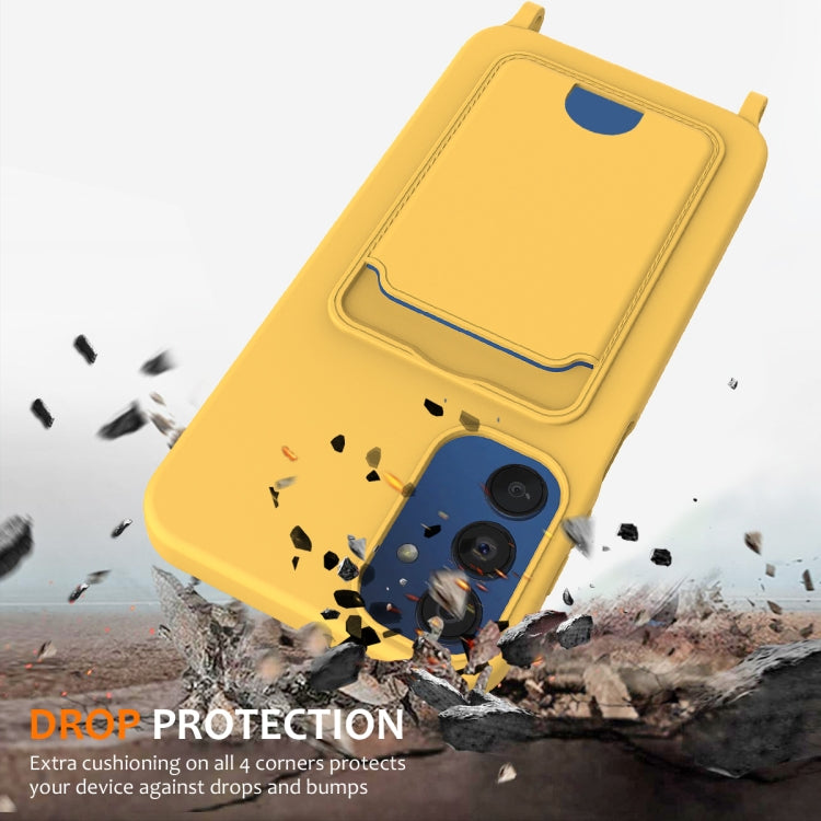For Samsung Galaxy A24 4G Integrated Card Bag Solid Color Liquid Silicone Phone Case with Lanyard