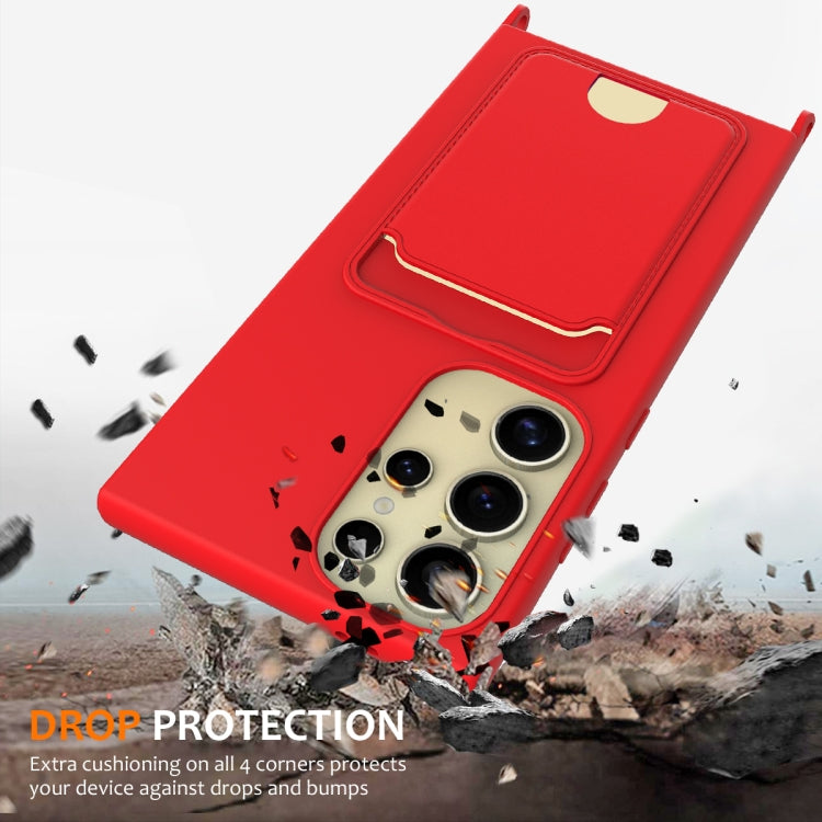 For Samsung Galaxy S23 Ultra 5G Integrated Card Bag Solid Color Liquid Silicone Phone Case with Lanyard