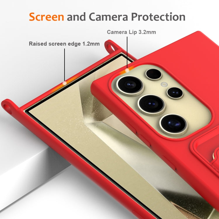 For Samsung Galaxy S23 Ultra 5G Integrated Card Bag Solid Color Liquid Silicone Phone Case with Lanyard