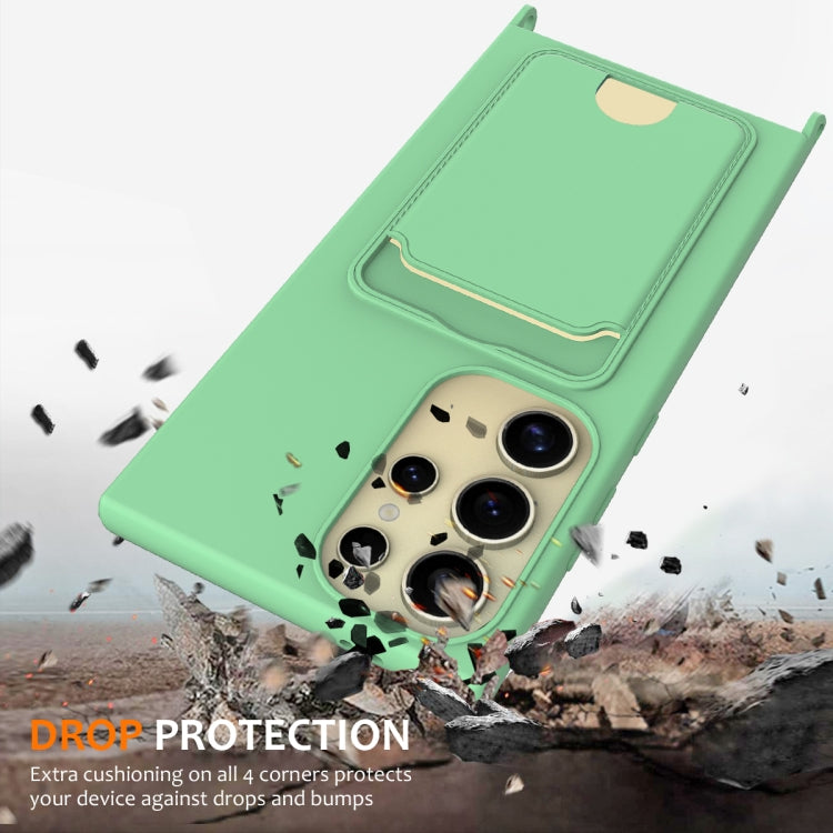 For Samsung Galaxy S23 Ultra 5G Integrated Card Bag Solid Color Liquid Silicone Phone Case with Lanyard