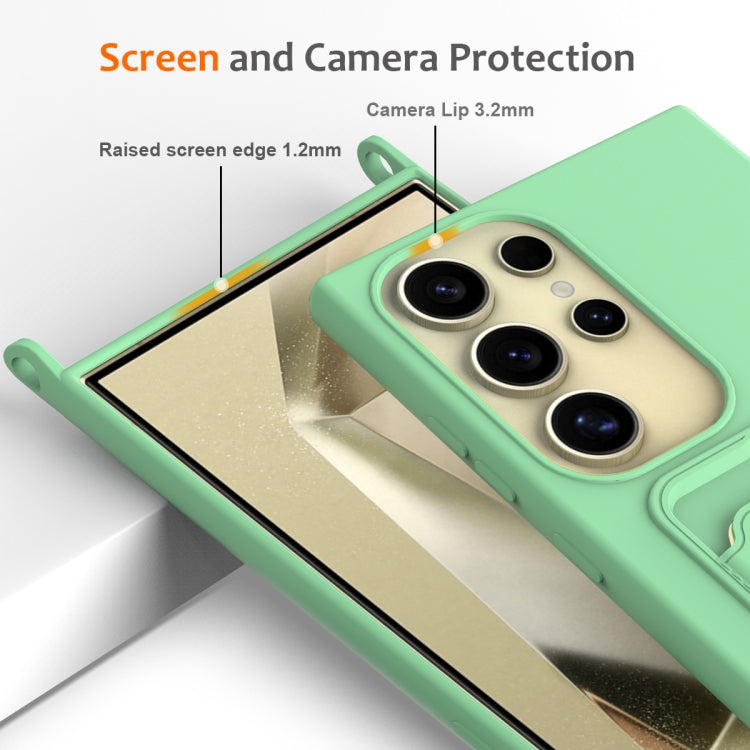 For Samsung Galaxy S23 Ultra 5G Integrated Card Bag Solid Color Liquid Silicone Phone Case with Lanyard