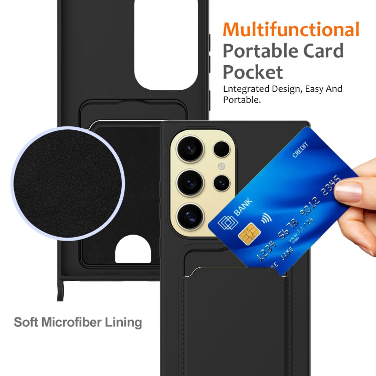 For Samsung Galaxy S23 Ultra 5G Integrated Card Bag Solid Color Liquid Silicone Phone Case with Lanyard