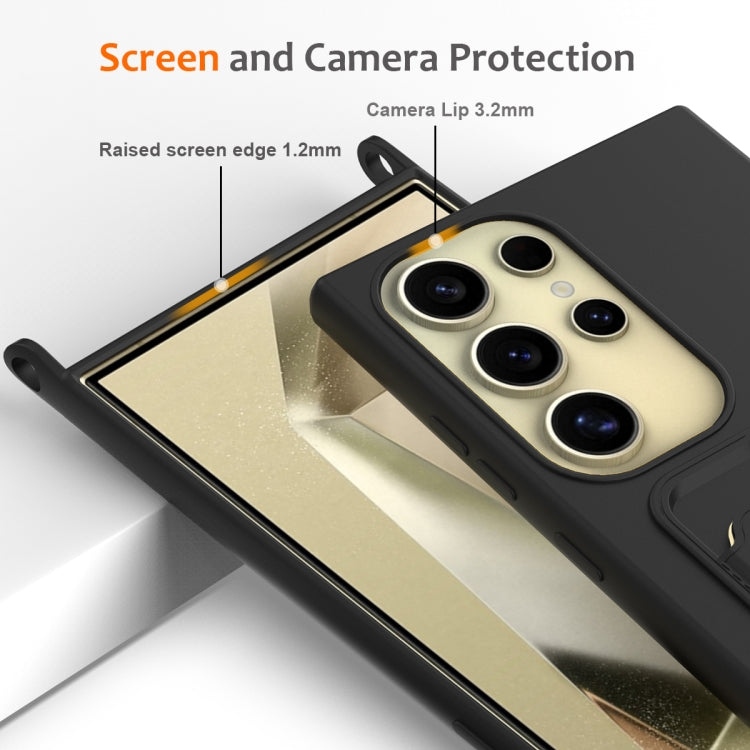 For Samsung Galaxy S23 Ultra 5G Integrated Card Bag Solid Color Liquid Silicone Phone Case with Lanyard