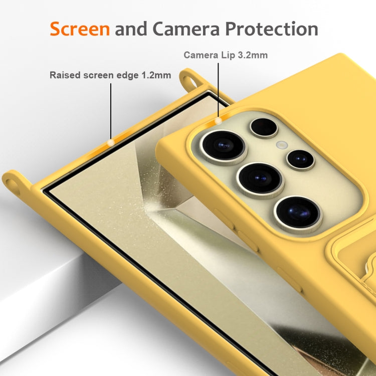 For Samsung Galaxy S23 Ultra 5G Integrated Card Bag Solid Color Liquid Silicone Phone Case with Lanyard