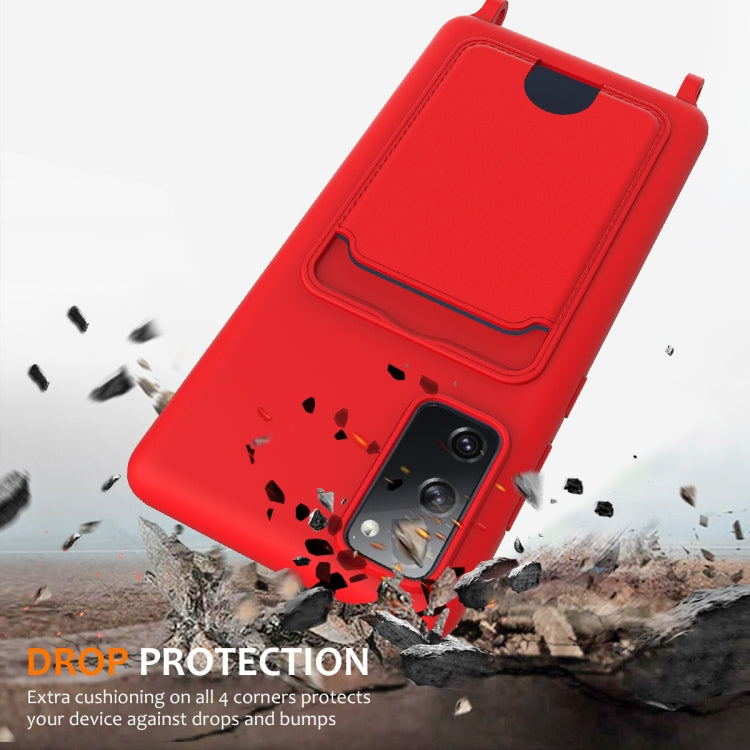 For Samsung Galaxy S20 FE Integrated Card Bag Solid Color Liquid Silicone Phone Case with Lanyard