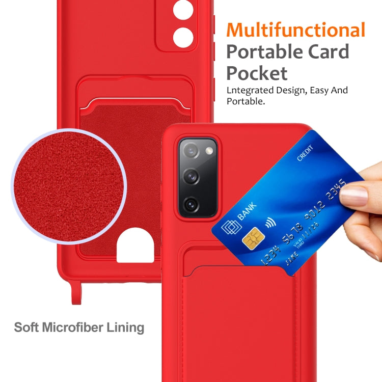 For Samsung Galaxy S20 FE Integrated Card Bag Solid Color Liquid Silicone Phone Case with Lanyard