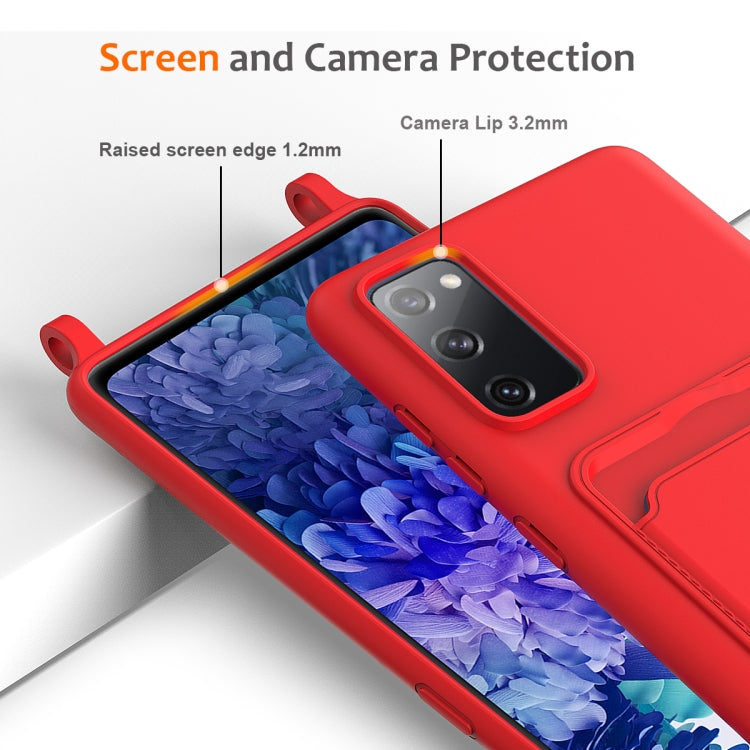 For Samsung Galaxy S20 FE Integrated Card Bag Solid Color Liquid Silicone Phone Case with Lanyard