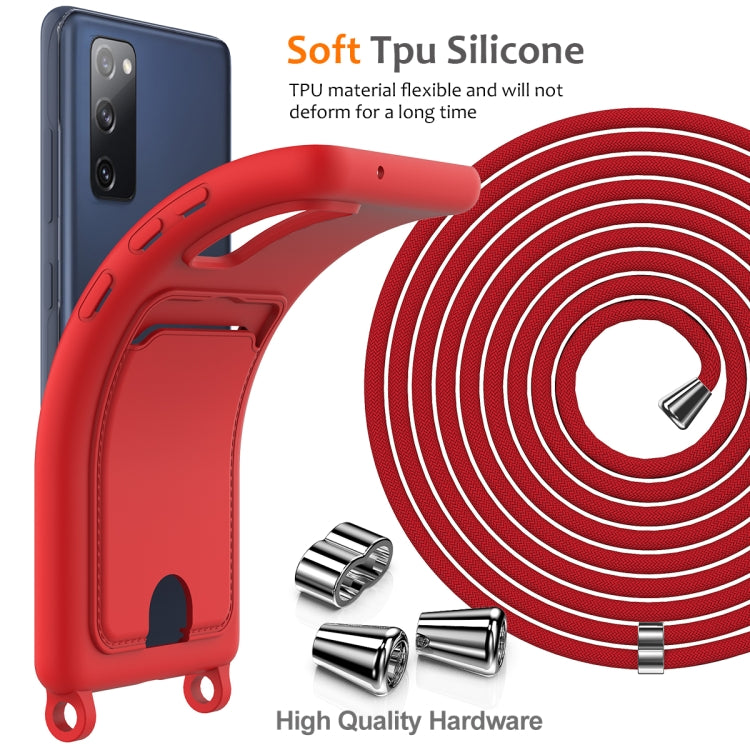 For Samsung Galaxy S20 FE Integrated Card Bag Solid Color Liquid Silicone Phone Case with Lanyard