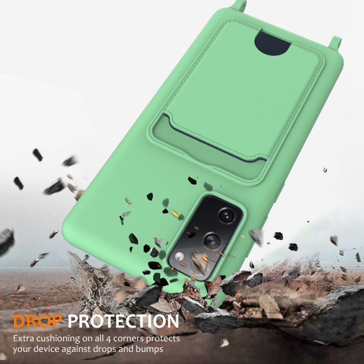 For Samsung Galaxy S20 FE Integrated Card Bag Solid Color Liquid Silicone Phone Case with Lanyard