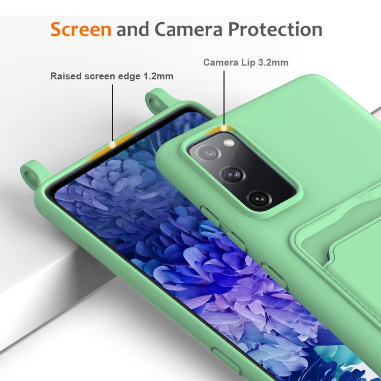 For Samsung Galaxy S20 FE Integrated Card Bag Solid Color Liquid Silicone Phone Case with Lanyard