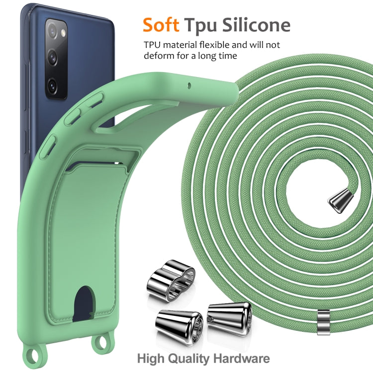 For Samsung Galaxy S20 FE Integrated Card Bag Solid Color Liquid Silicone Phone Case with Lanyard
