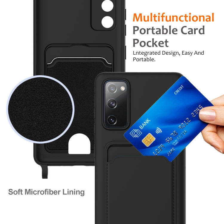 For Samsung Galaxy S20 FE Integrated Card Bag Solid Color Liquid Silicone Phone Case with Lanyard