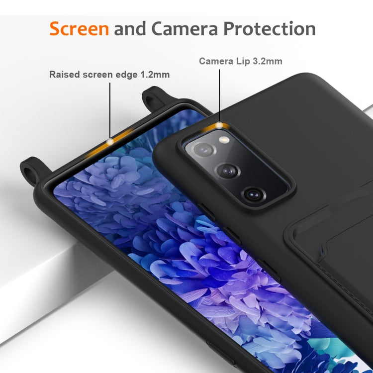 For Samsung Galaxy S20 FE Integrated Card Bag Solid Color Liquid Silicone Phone Case with Lanyard