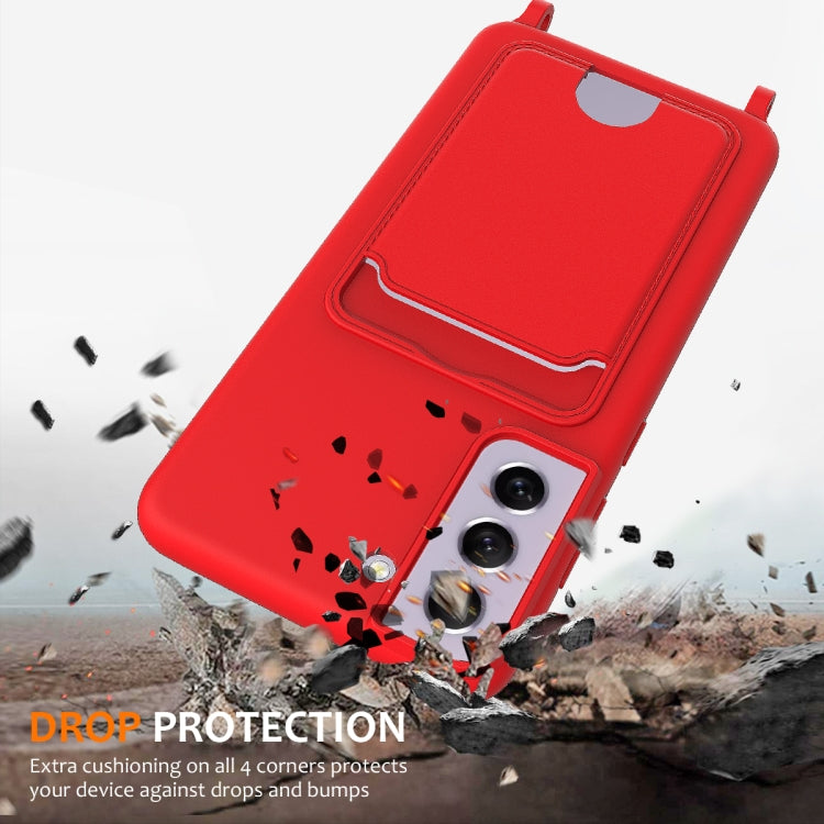 For Samsung Galaxy S21 FE 5G Integrated Card Bag Solid Color Liquid Silicone Phone Case with Lanyard