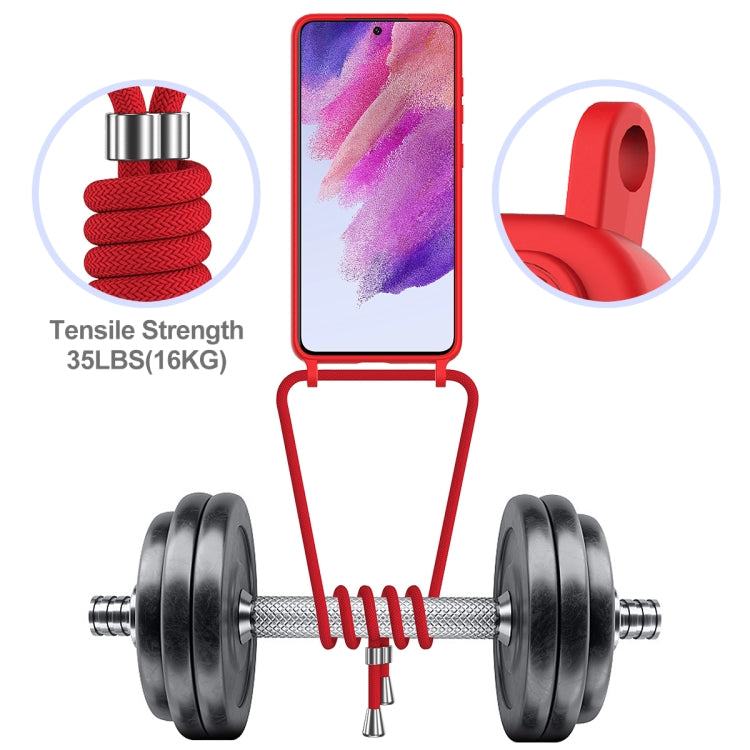 For Samsung Galaxy S21 FE 5G Integrated Card Bag Solid Color Liquid Silicone Phone Case with Lanyard