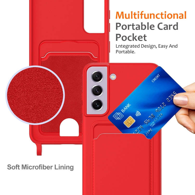 For Samsung Galaxy S21 FE 5G Integrated Card Bag Solid Color Liquid Silicone Phone Case with Lanyard