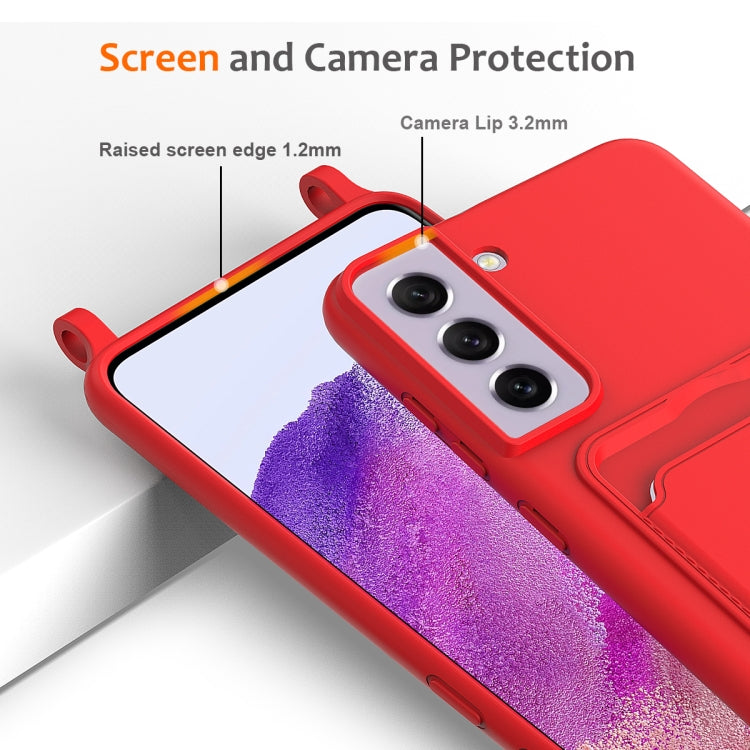 For Samsung Galaxy S21 FE 5G Integrated Card Bag Solid Color Liquid Silicone Phone Case with Lanyard