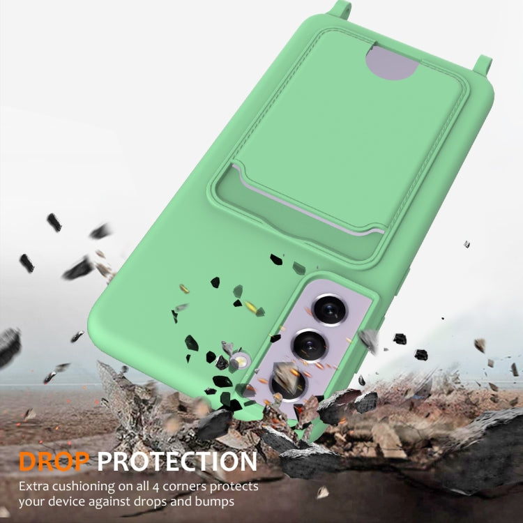 For Samsung Galaxy S21 FE 5G Integrated Card Bag Solid Color Liquid Silicone Phone Case with Lanyard