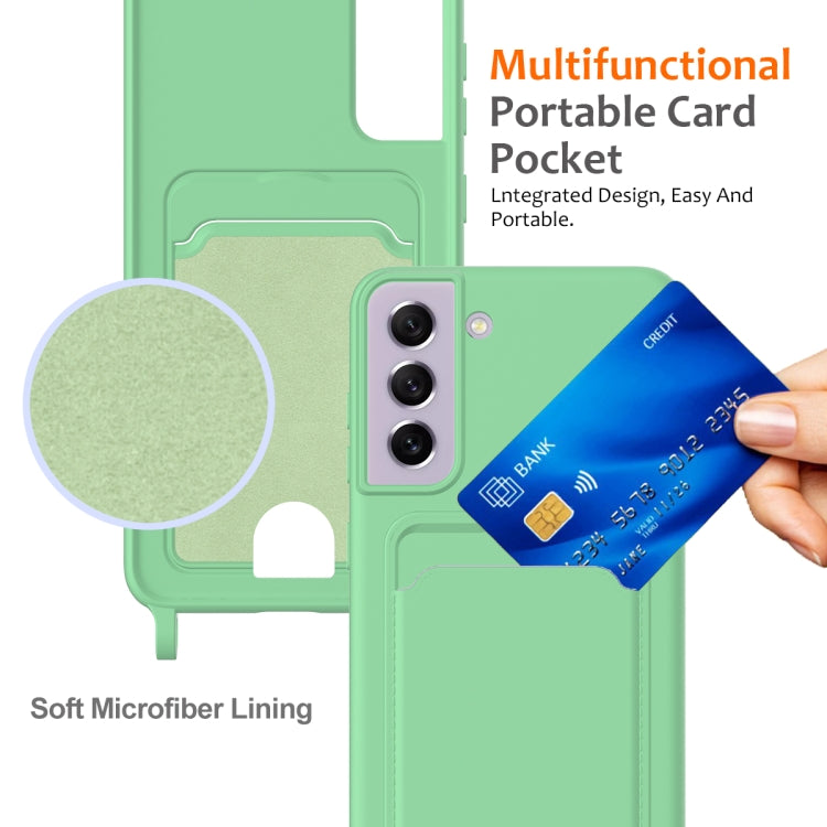 For Samsung Galaxy S21 FE 5G Integrated Card Bag Solid Color Liquid Silicone Phone Case with Lanyard