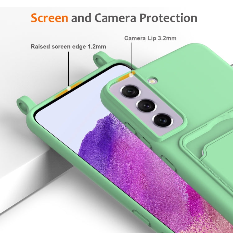 For Samsung Galaxy S21 FE 5G Integrated Card Bag Solid Color Liquid Silicone Phone Case with Lanyard