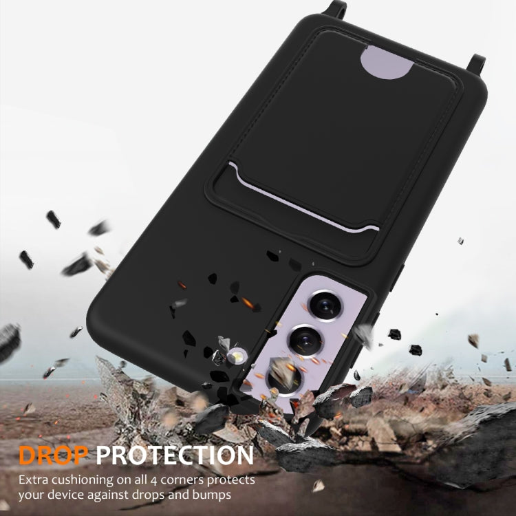 For Samsung Galaxy S21 FE 5G Integrated Card Bag Solid Color Liquid Silicone Phone Case with Lanyard