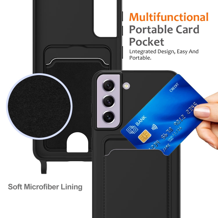 For Samsung Galaxy S21 FE 5G Integrated Card Bag Solid Color Liquid Silicone Phone Case with Lanyard