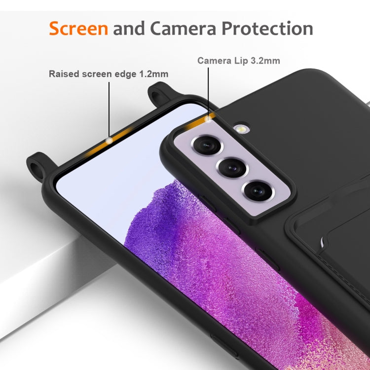 For Samsung Galaxy S21 FE 5G Integrated Card Bag Solid Color Liquid Silicone Phone Case with Lanyard