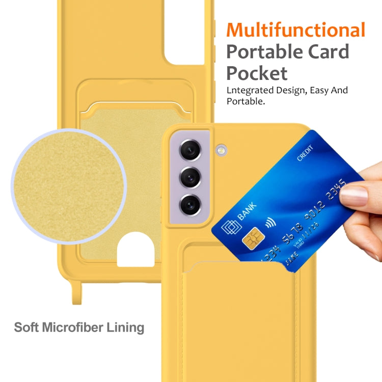 For Samsung Galaxy S21 FE 5G Integrated Card Bag Solid Color Liquid Silicone Phone Case with Lanyard